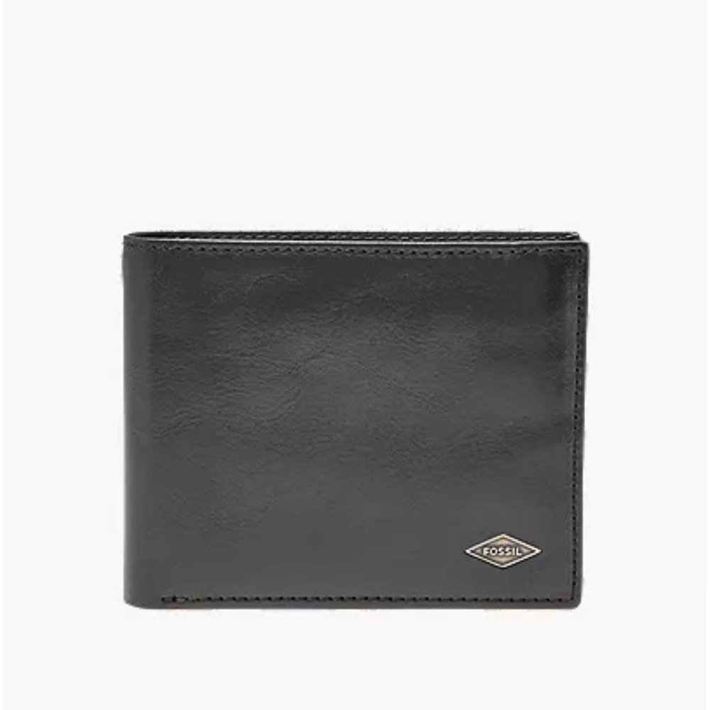 Fossil Mens Black Leather Bifold Wallet with Flip ID Window Diamond Logo